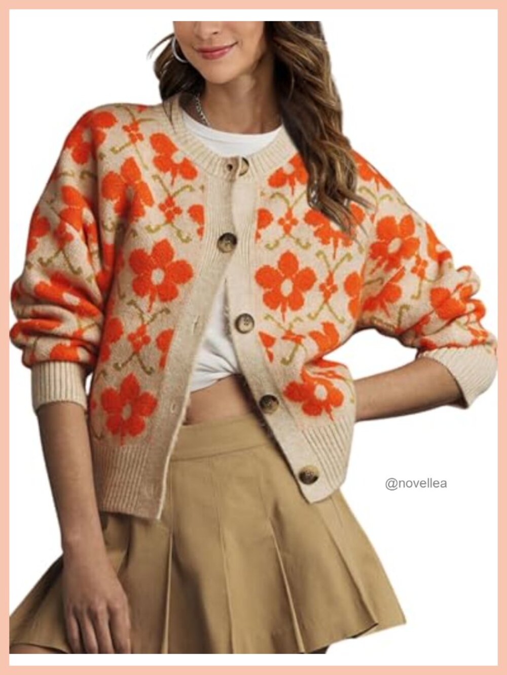 Women Floral Knit Cardigan Sweater Open Front Button Down Long Sleeve